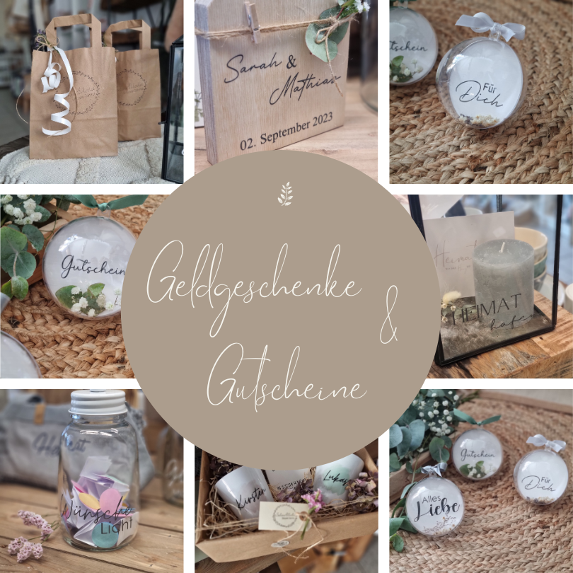 Collage aus Produkten als Geldgeschenke oder Gutscheinen