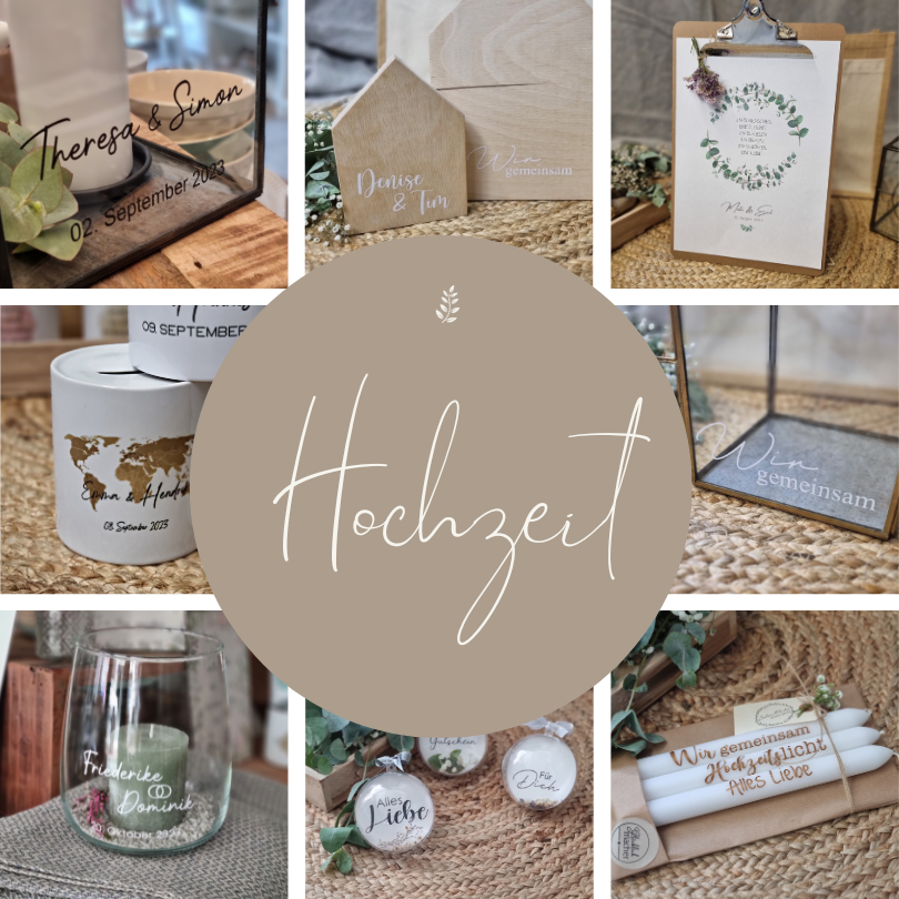 Fotocollage aus verschiedenen Produkten für personalisierte Hochzeitsgeschenke