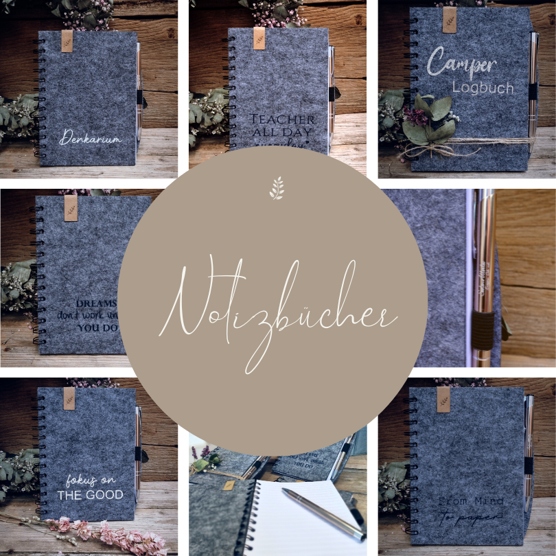 Collage aus verschiedenen Notizbüchern mit personalisierten Aufdrucken