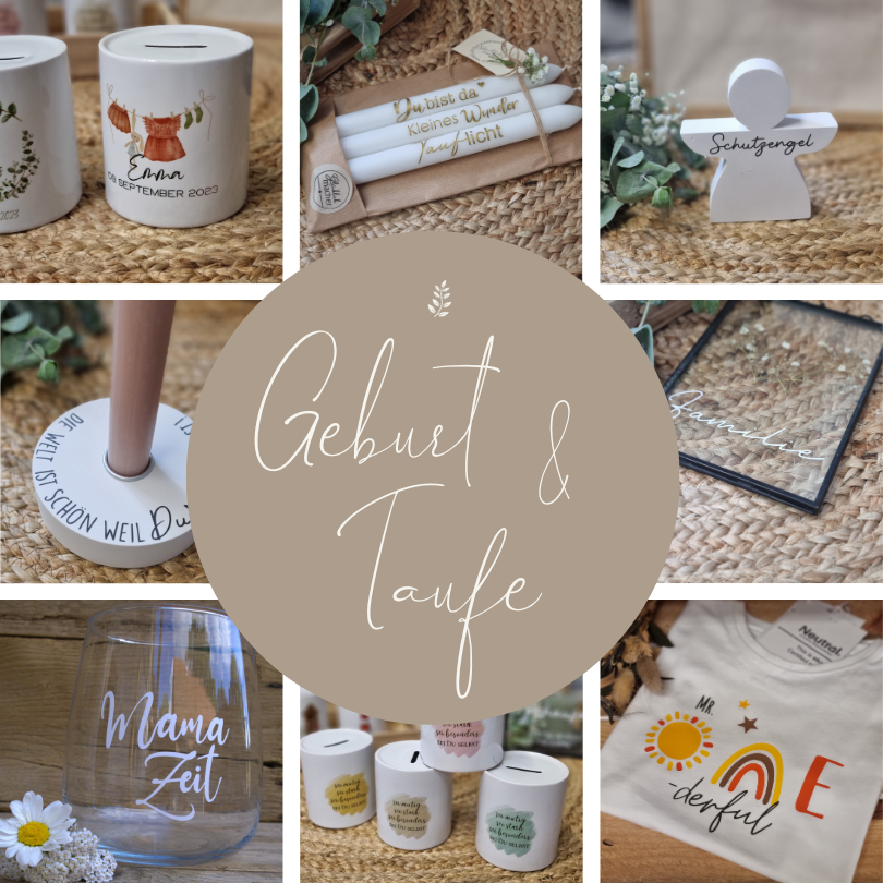 Fotocollage aus Produkten zur Geburt und Taufe wie Schutzengel, Kerzen, personalisierte T-shirts und Spardosen.