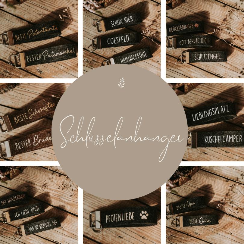 fotocollage aus verschiedenen Schlüsselanhängern mit individualisierten Aufdrucken wie Lieblingsplatz, Schutzengel, Namen oder Bester Opa.