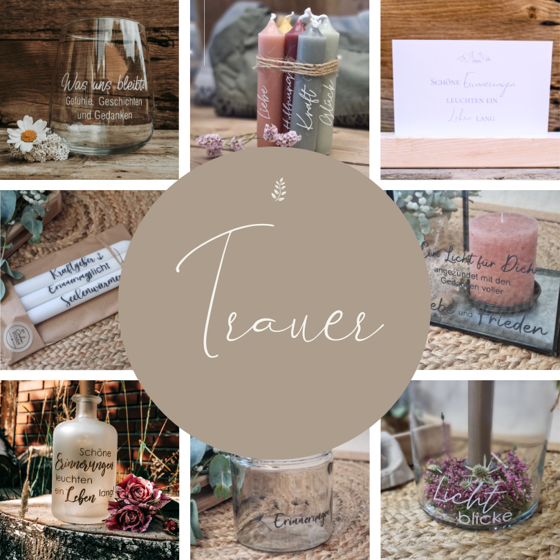 Collage aus verschiedenen Bildern von Produkten für Trauerfälle und Beerdigungen