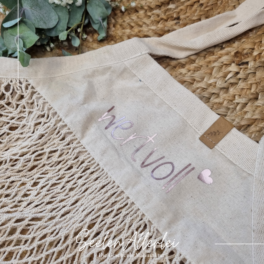 Canvas Netzbeutel vintage mit rosegoldenem Aufdruck