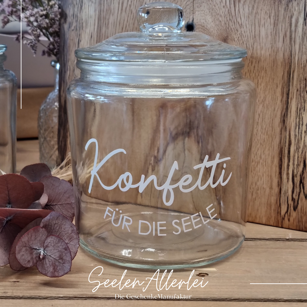 Vorratsglas 900ml mit weißer Aufschrift Konfetti für die Seele