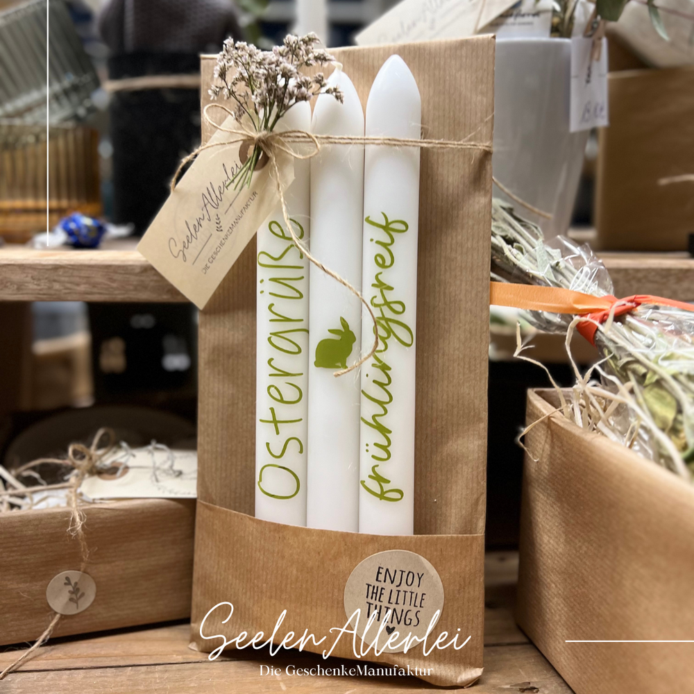 Stabkerzen mit Beschriftung perfekt für den Tisch zu Ostern, frühlingsreif und Ostergrüße