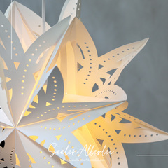 Papierstern beleuchtet hängt im Fenster