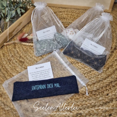 Augensäckchen mit Leinsamengefüllt in einem Organzasäckchen inklusive Anleitungstext