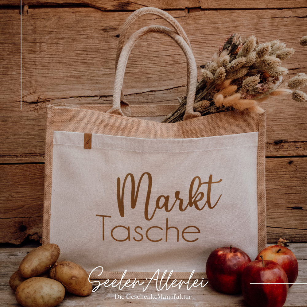 Markttasche mit festem Boden aus Jute, nachhaltigkeit, von westfordmill mit der Aufschrift Markttasche