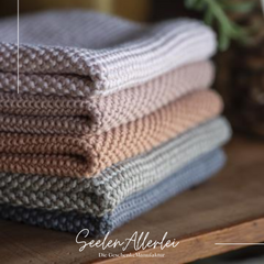 Spültucher der Serie Mynte von IBLaursen liegen gestapelt in verschiedenen Farben auf einem Holzregal