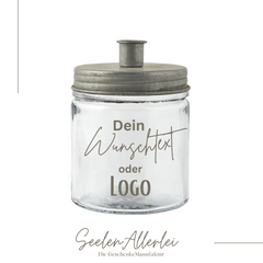 Kerzenglas von Ib Laursen mit zinkfarbenen Deckel und der Aufschrift "Wunschtext oder Logo"
