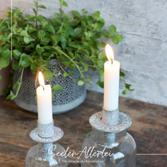 zwei zinkfarbene Kerzenhalter für Flaschen mit zwei brennenden Kerzen in weiß stehen vor einer Topfblume