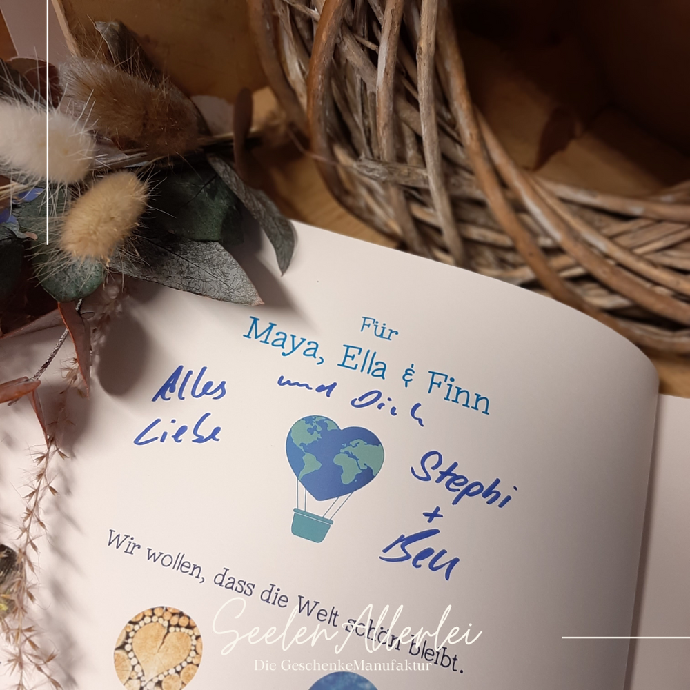 Widmung im auf der ersten Seite des Kinderbuches der Weltenbummlerkids von Ben und Stephi