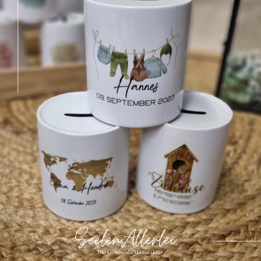 personalisierte Spardose zur Geburt und zur Hochzeit mit Namen Hannes und Hochzeitsdatum