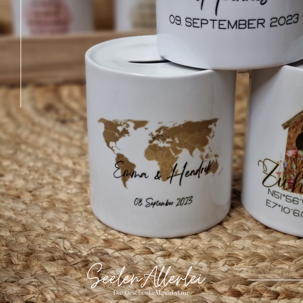 Hochzeitsspardose mit den Namen Emma und Hendrik und dem Hochzeitsdatum