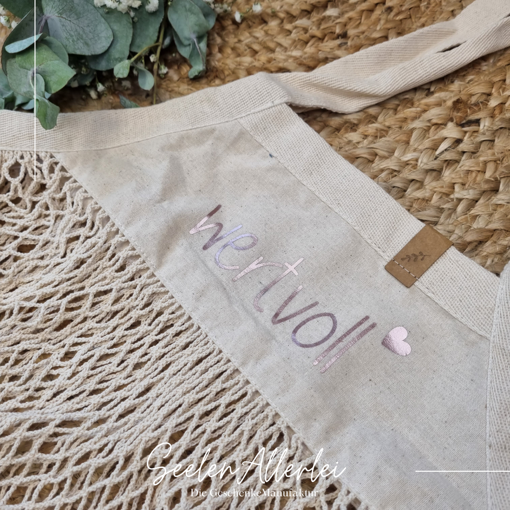 Canvas Netzbeutel vintage mit rosegoldenem Aufdruck