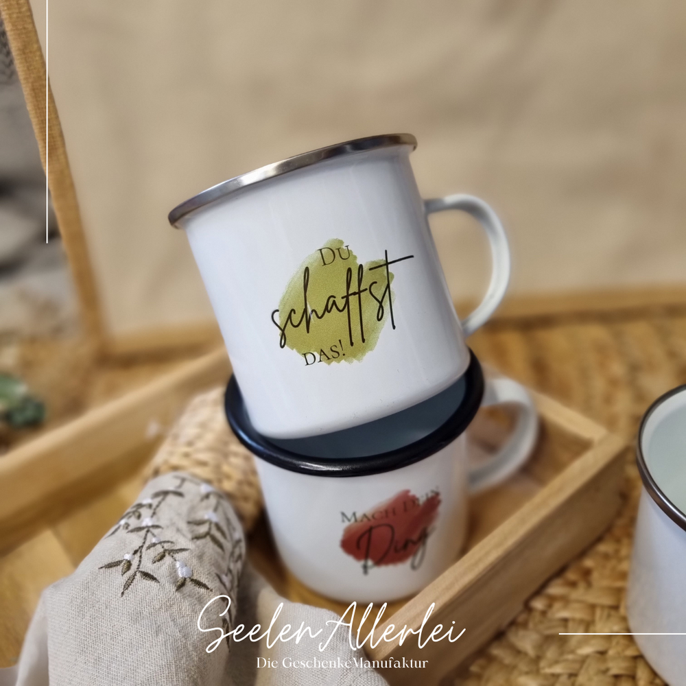 Emaille-Tasse mit der Aufschrift "Du schaffst das!"