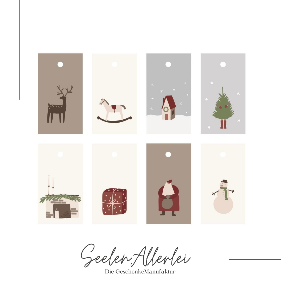 8 verschiedene Geschenkanhänger mit unterschiedlichen Designs vor weißem Hintergrund