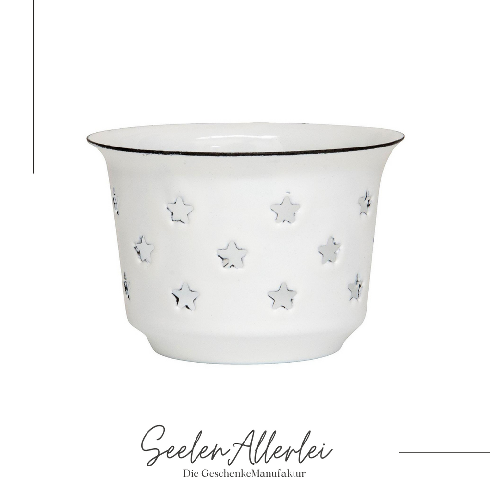 Produktfoto Teelichthalter Emaille mit Sternen weiß