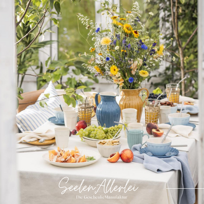 wunderschön gedeckter Tisch mit Tellern und Schalen, Servietten und Obst, in der Mitte stehen zwei Krüge, der eine gefüllt mit Wasser, der andere mit einem großen Frühlingsblumenstrauß