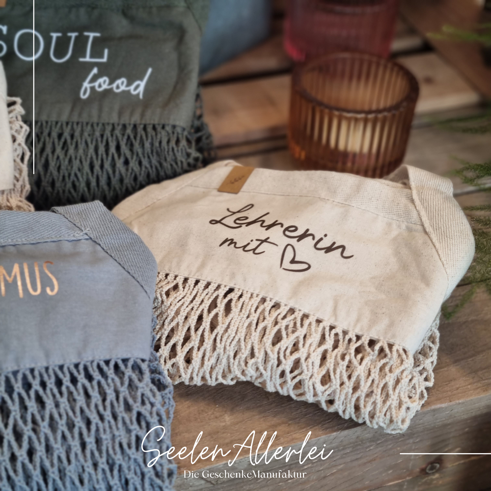 Netzbeutel in Naturoptik Lehrerin mit Herz