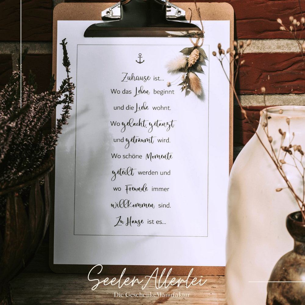 Kunstdruck im Klemmbrett mit Zuhause Text zum Hausbau und einzug