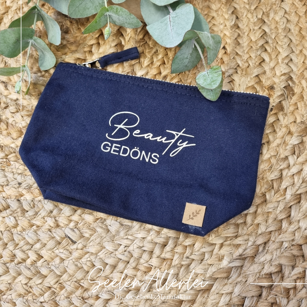 Beauty Gedöns Täschchen in blau mit passendem Aufdruck