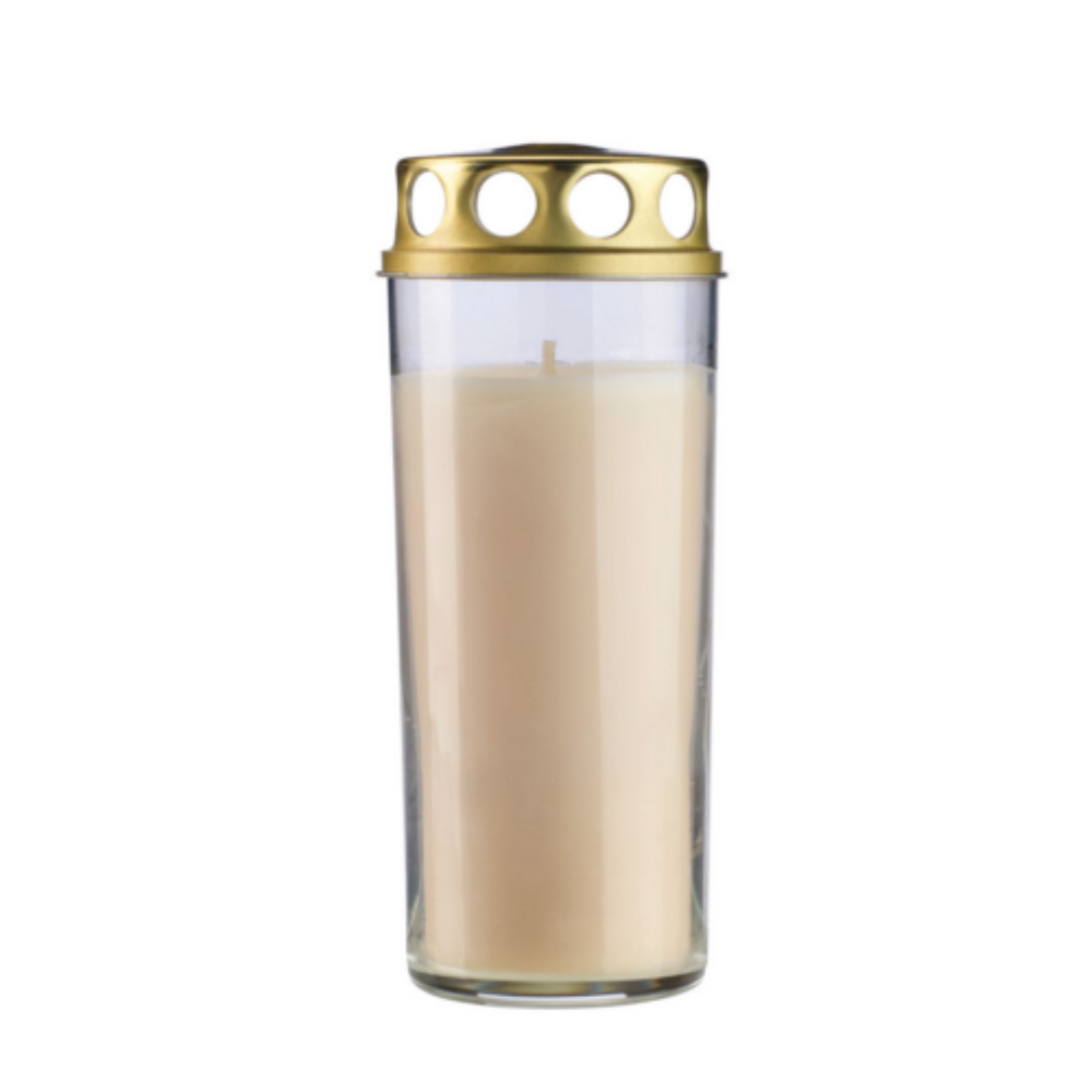 Cera light Grabkerze nachhaltig als Produktportrait mit Deckel