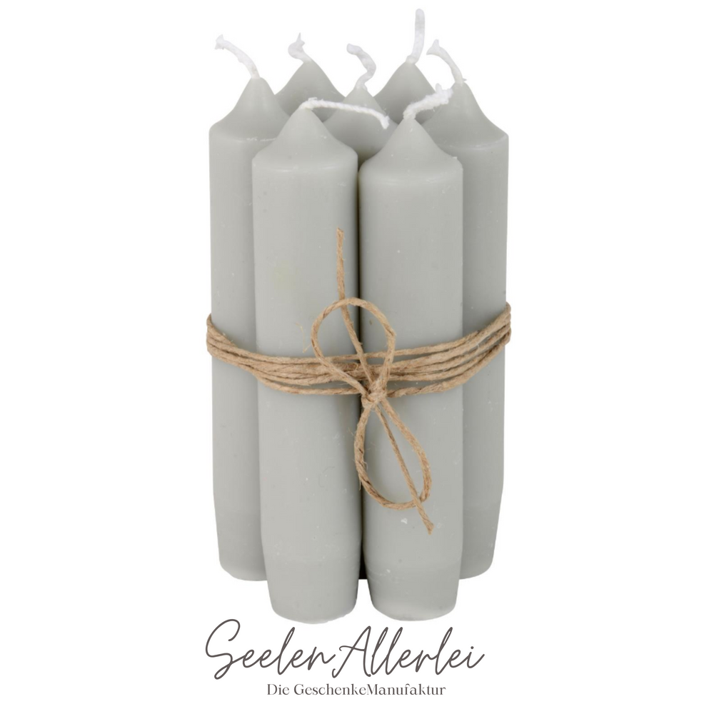 graue Staberkerzen als 6er Pack zusammengebunden