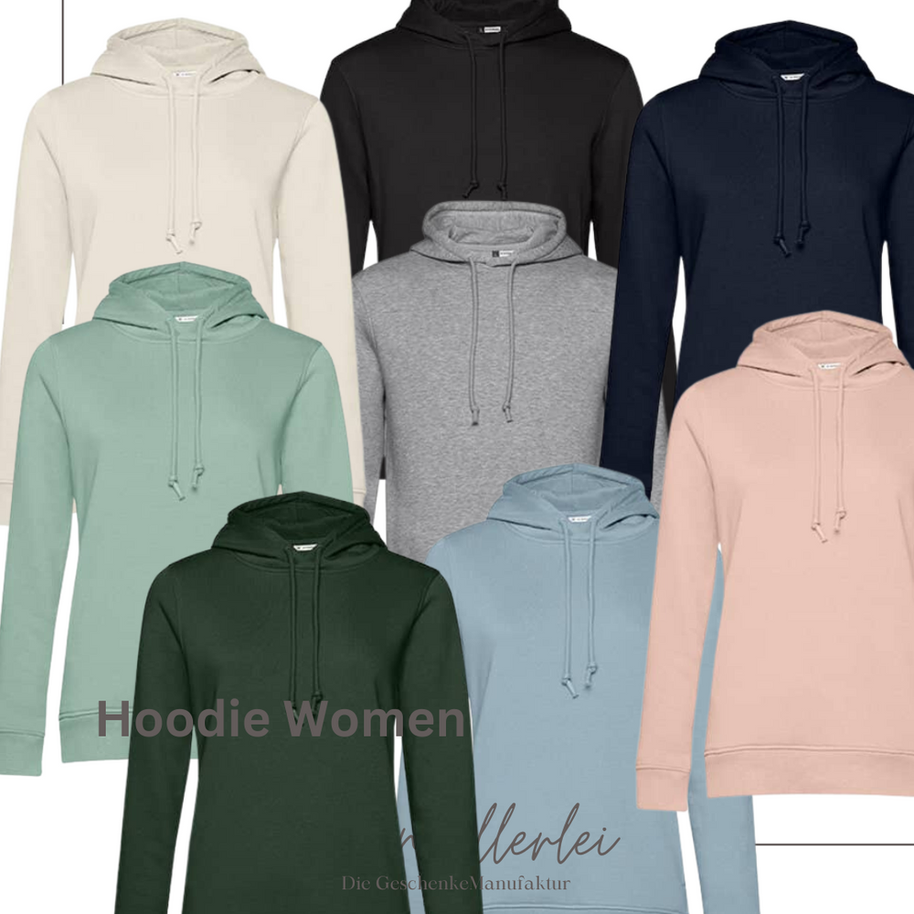 Acht verschiedene Damen Hoodies in unterschiedlichen Farben offwhite sage grau navy rose forest green blue fog mit SeelenAllerlei Logo