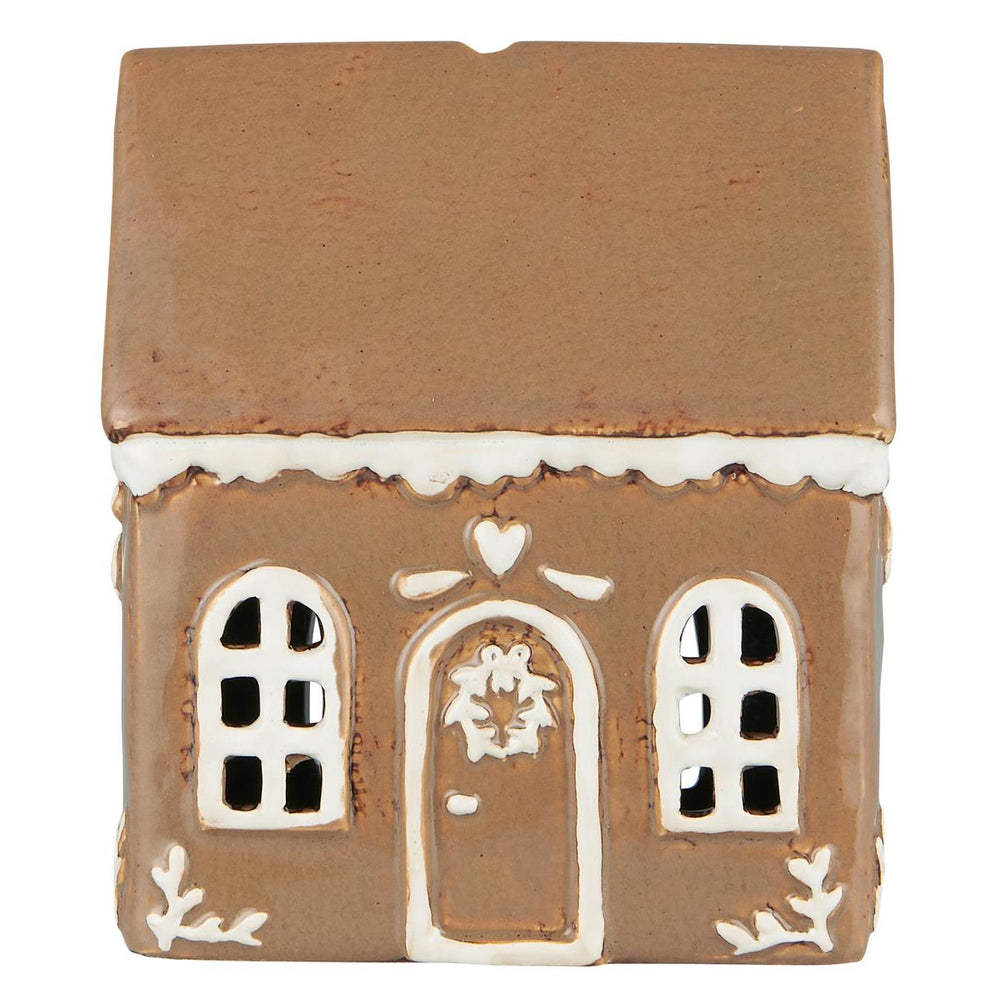 Keramikhaus Gingerbread Lebkuchenhaus Design für Teelicht in Braun mit weißen Verzierungen