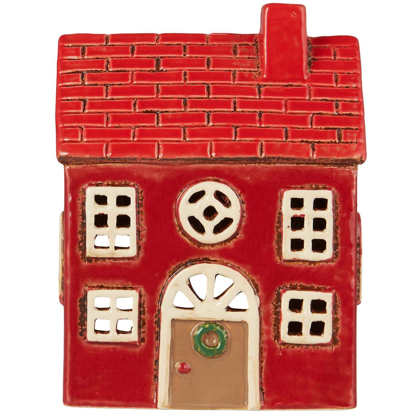 Rotes Keramikhaus mit Ziegelstein Optik und grünem Türkranz für Teelicht Weihnachts Design