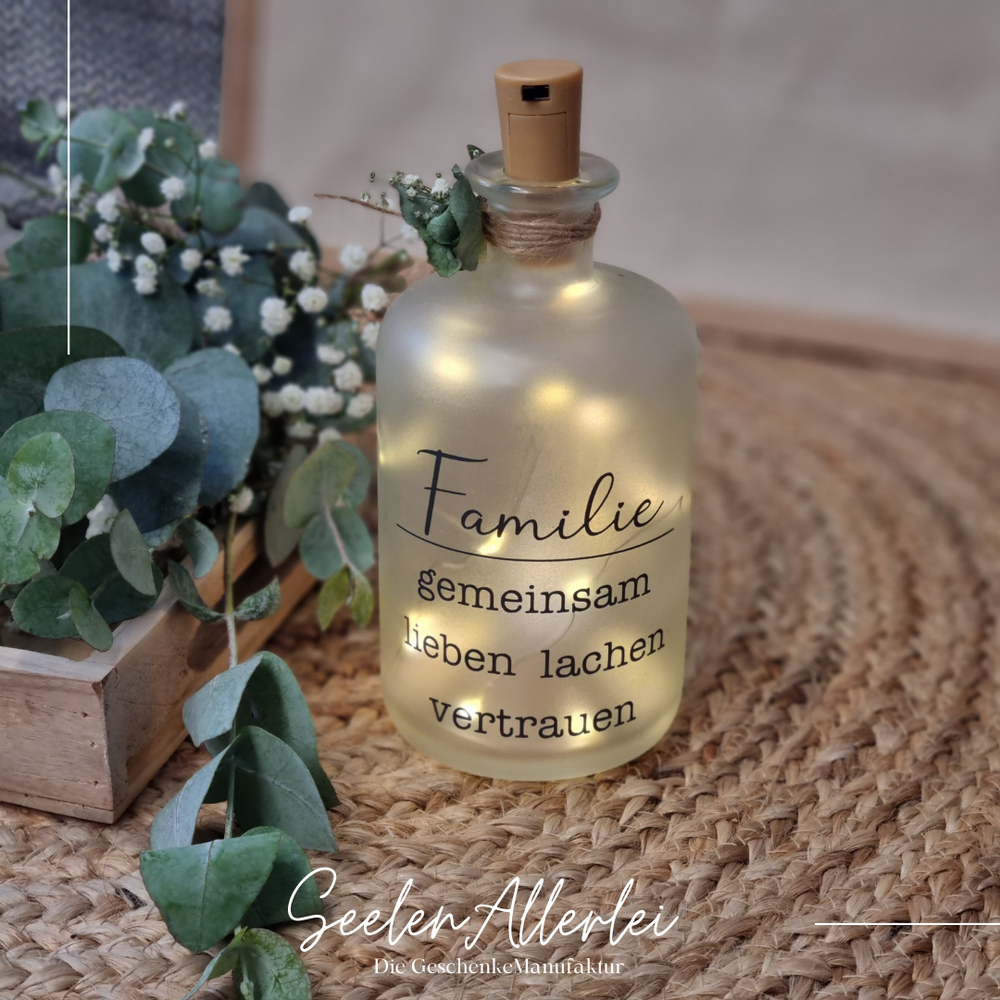 Personalisierte Leuchtflasche Familie gemeinsam lieben lachen vertrauen LED Flaschenlicht