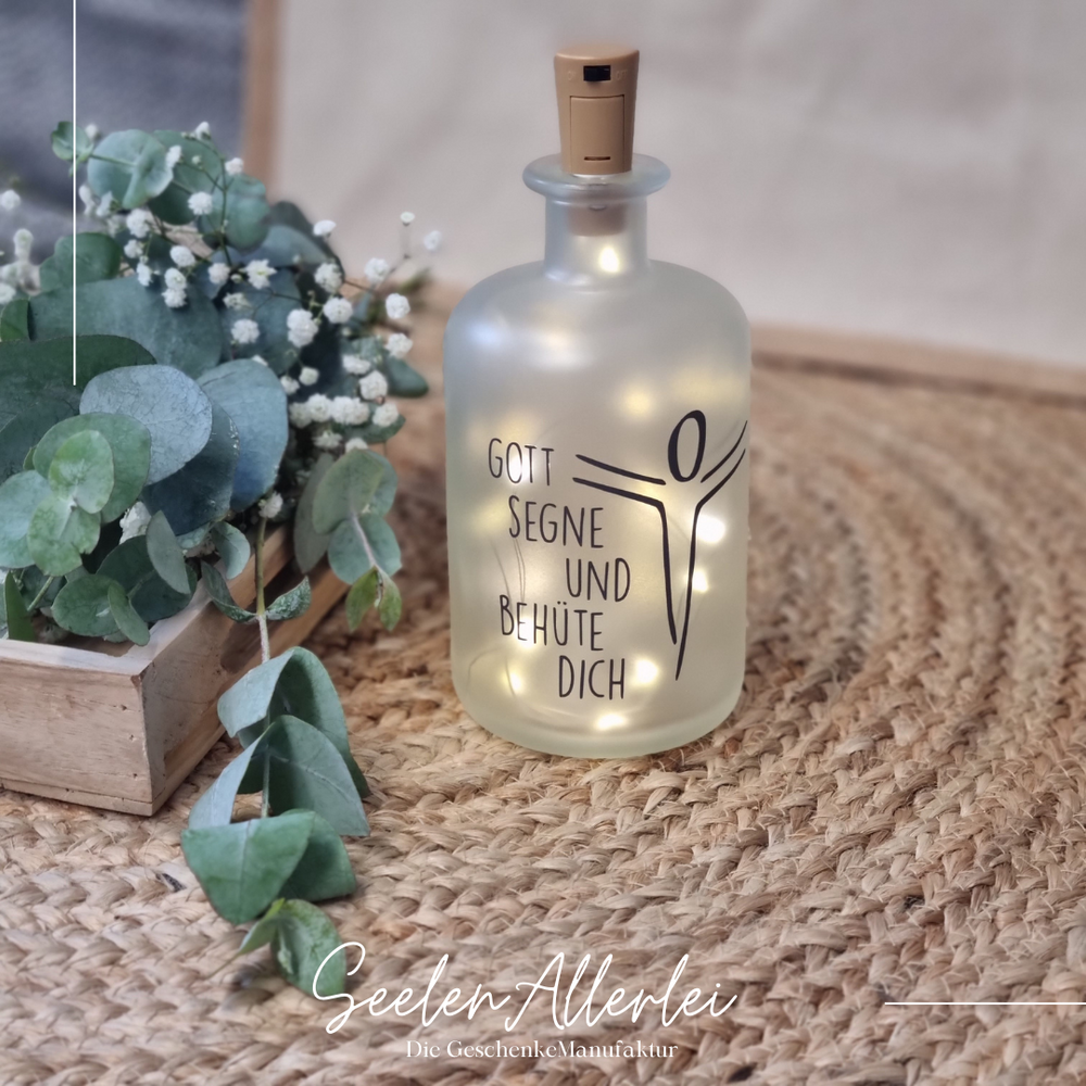 Christliche personalisierte Leuchtflasche Gott segne und behuete Dich LED Apothekerflasche