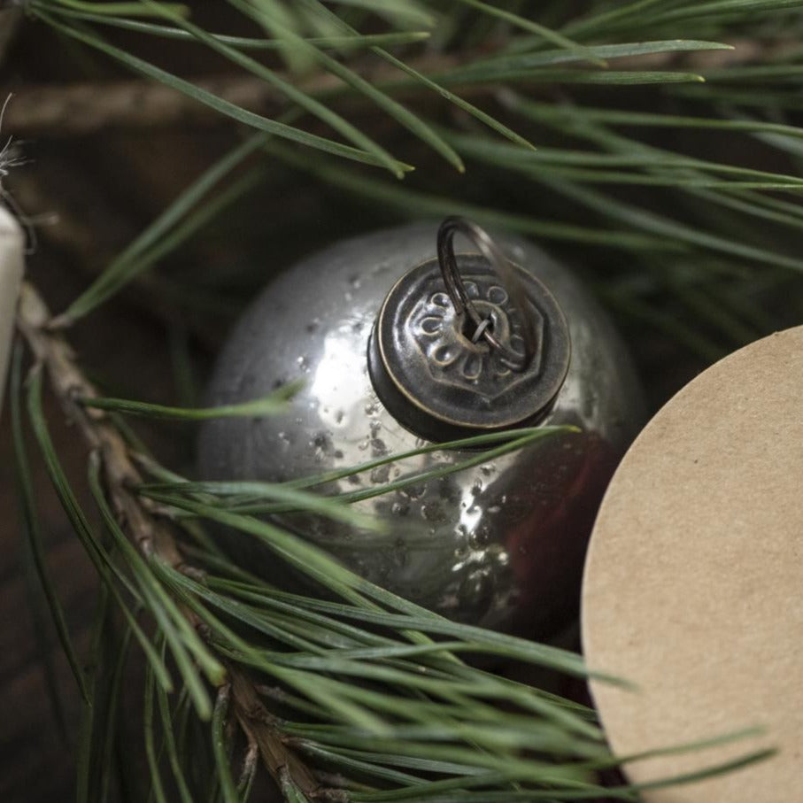 eine Glaskugel in silberoptik liegt zwischen den Tannenzweigen