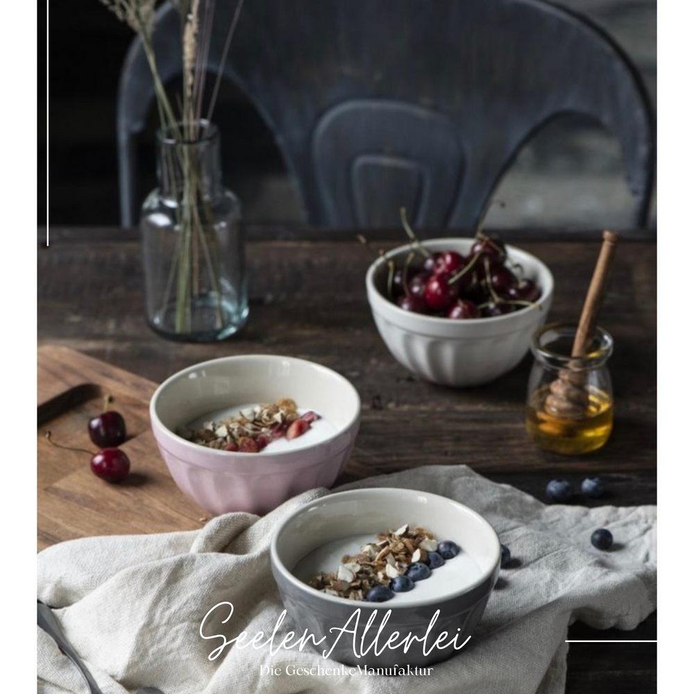 drei verschieden farbige Schalen gefüllt mit kirschen und Joghurt stehen auf einem Holztisch mit Honig und Trockenblumen