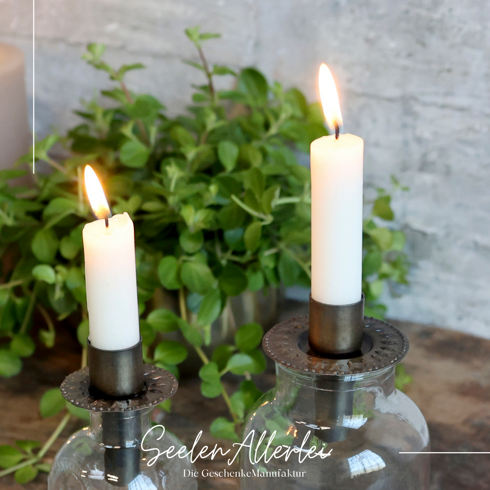 zwei Flaschen sind mit den Kerzenhaltern für Flaschen und einer brennenden Kerze bestückt, dahinter steht eine Topfblume